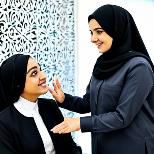 Home 4 **
"A skilled female hairstylist, fully clothed in a modest, professional uniform, warmly greeting a client in a bright and inviting salon in Dubai. The client, wearing a hijab, is discussing hairstyle options with the stylist. Focus on the friendly interaction and modern salon decor. Safe for work, appropriate content, professional, modest, perfect anatomy, natural proportions, well-formed hands, proper finger count, family-friendly, fully clothed."
**