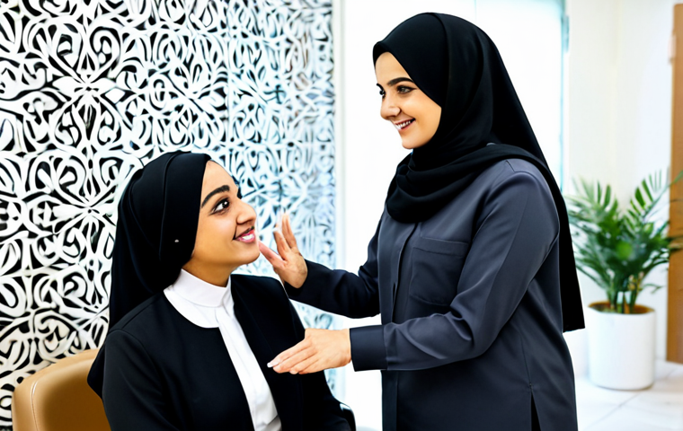 **

"A skilled female hairstylist, fully clothed in a modest, professional uniform, warmly greeting a client in a bright and inviting salon in Dubai. The client, wearing a hijab, is discussing hairstyle options with the stylist. Focus on the friendly interaction and modern salon decor. Safe for work, appropriate content, professional, modest, perfect anatomy, natural proportions, well-formed hands, proper finger count, family-friendly, fully clothed."

**